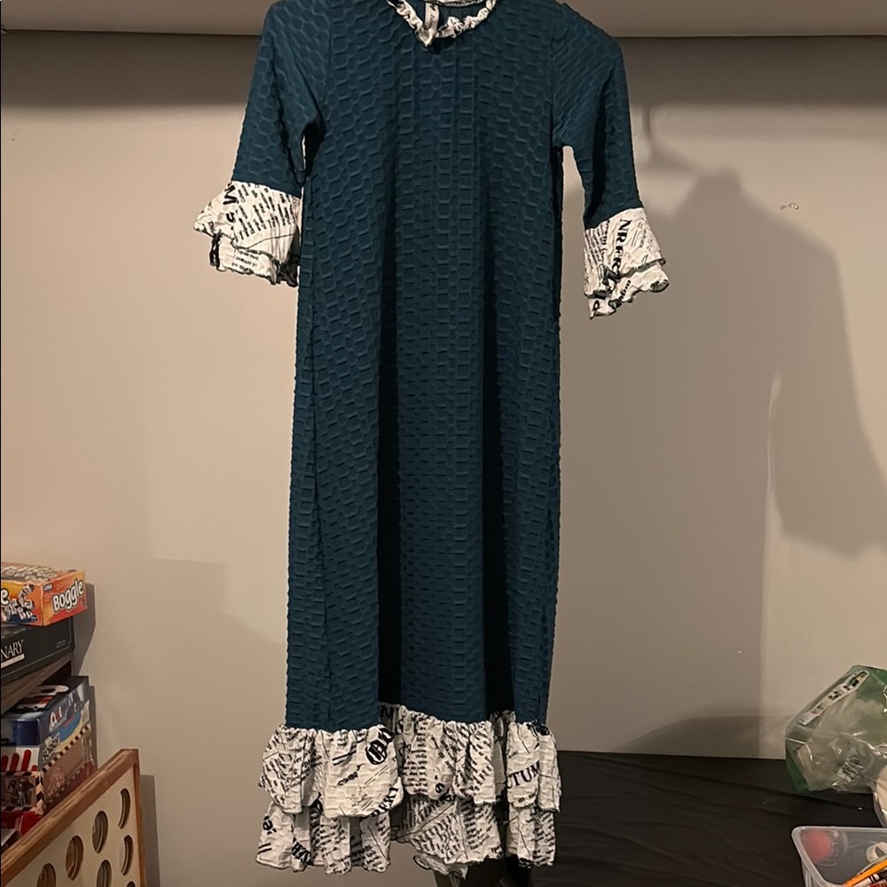 This dress is currently on HOLD!
Teal Long Sleeve Dress with Ruffle Trim